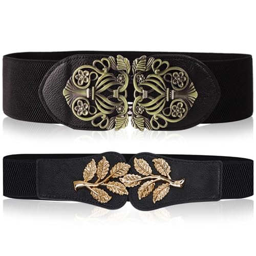 SAIIURV 2 Stück Damen Breit Elastische Taillengürtel Retro Stretch Taille Kleid Gürtel Schwarz Hüftgürtel Mode Stretchgürtel für Frauen Abendkleid Kleider (2PCS) von SAIIURV