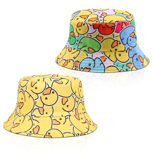 SAIIURV 2 Stück Enten Reversibel Fischerhut für Damen Herren, Modisch Sommerhut Hut Wendbares Fischerhüte, Faltbar Anglerhut Doppelseitig Retro Thema Eimer Hüte für Tägliche Karneval von SAIIURV