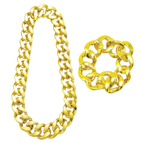 SAIIURV 2 Stück Goldkette Fancy Dress Fake Golden Halskette Armband Hip Hop Verkleidung Zubehör Lange Goldene Halskette Armband für Rapper Hip Hop Outfit Disco Outfit Zubehör, Einheitsgröße von SAIIURV