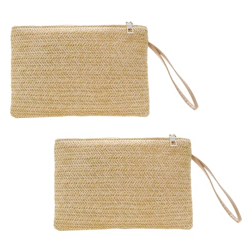 SAIIURV 2 Stücke Damen Stroh Clutch Strohtaschen Damen Stroh Handtasche Sommer Strohtasche Strand Tasche Handtasche Wristlet Tasche für Frauen Mädchen (Khaki) von SAIIURV