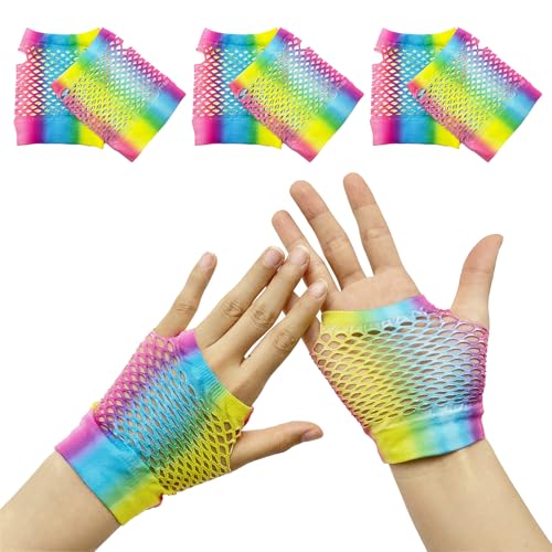 SAIIURV 3 Paar Bunte Fingerlose Handschuhe für Damen Mädchen, Gothic und Rock Stil Fischnetz Regenbogen Netzhandschuhe Neon Fingerlose Retro 80er Kostüme Accessoires für Party Karneval Cosplay von SAIIURV
