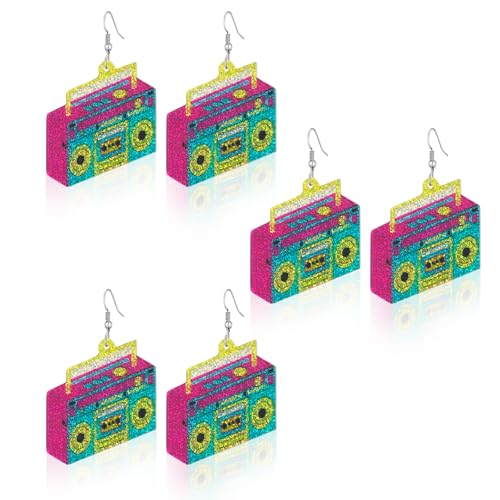 SAIIURV 3 Paar Retro Kassette Tape Ohrringe 70er 80er 90er Neon-Ohrringe für Frauen Acryl Geometrische Tropfen baumeln für 80 Outfits Cosplay Musik Party Halloween Neon Zubehör, Einheitsgröße, Acryl von SAIIURV