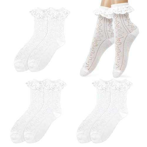 SAIIURV 3 Paar Weiß Rüschen Söckchen für Frauen Mädchen, Herzförmig Baumwolle Gestrickt Spitzensocken Prinzessin Kleid Socken Crew Socks für Party Tägliche Festival von SAIIURV