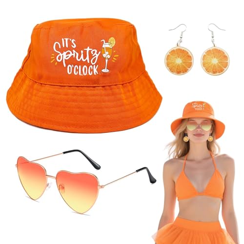 SAIIURV 3 Stück Orange Fischerhut Damen Anglerhut Aperol Hut Brille Ohrringe Oranges Kostüm Zubehör Aperol Kostüm Damen Party Hut für Sommer Party Karneval von SAIIURV