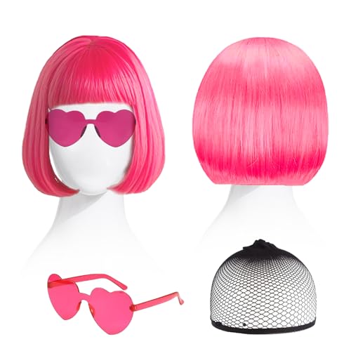 SAIIURV 3 Stücke Bob Perücke Wig Cabaret Pagenkopf Pagen Charleston, Synthetische Neon Perücke Frauen Bob Wig mit Neonbrille und Haarnetz, Perücken für Karneval Fasching Motto Party Themenparty (Rosa) von SAIIURV