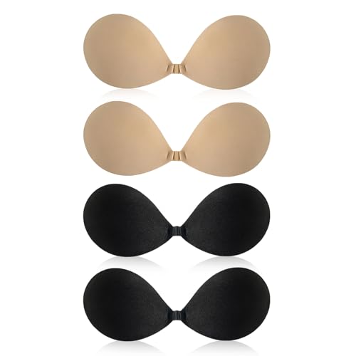 SAIIURV 4 Paar Klebe BH Push Up, Unsichtbar Push up Klebe BH, Trägerloser, Sticky Bra, Wiederverwendbare Klebebh, Invisible Bra für Abendkleid Brautkleid Badeanzug und Rückenfreie (Schwarz, Nackt) von SAIIURV