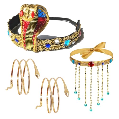 SAIIURV 4 Stück Altägyptisches Kostüm Zubehör, Pharao Kostüm Zubehör Ägyptischer Kopfschmuck Perlen Quaste Halskette Schlange Armband Pharao Accessoires für Frauen Halloween Karneval Party (4 Stück) von SAIIURV
