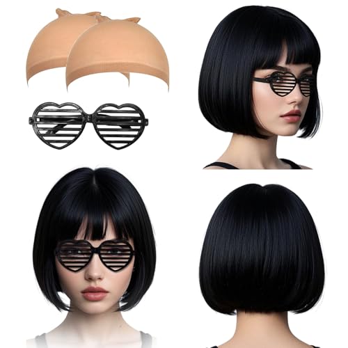 SAIIURV 4 Stück Kurze Bob Schwarz Haar Perücken Gerade mit Flach Pony Frauen für Tägliche Karneval Fasching Perücke Cosplay Kostüm Charmante (Schwarz) von SAIIURV
