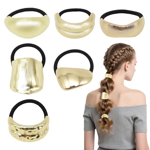 SAIIURV 6 Stück Gold Haargummi Metall Pferdeschwanzhalter für Frauen und Mädchen, Geometrischen Stil Haarschmuck Elastische Hair Ties Glattes und Lockiges Haar Accessoire für Tägliche Party Festival von SAIIURV