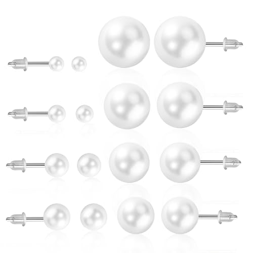 SAIIURV 8 Paar Perlen Ohrringe Kunstperlen, Faux Perlen Ohrstecker für Frauen Mädchen, Edelstahl Perlenohrringe, Perlen Weiß Earrings for Women, Runde Kugel Perlen Ohrringe von SAIIURV