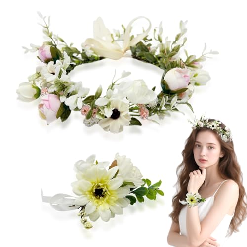 SAIIURV Blumenkranz Blume Krone Stirnband Braut Haarschmuck mit Armband-Set, Midsommar Blumenkranz, Verstellbarer Haarschmuck Blumen, für Damen Hochzeit Zeremonie Festival Party Strand von SAIIURV