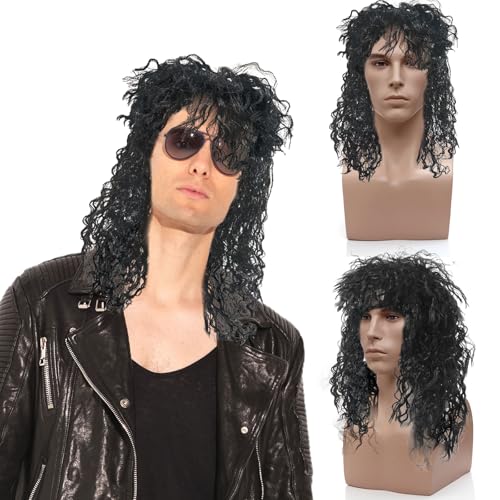 SAIIURV Herren 80er Jahre Vokuhila Perücke Rocker Punk Popstar Perücke Rocker Schwarz Lange Lockig Fasching Karneval Halloween Kostüm Cosplay Disco Punk Männlich Kostüm(Schwarz) von SAIIURV