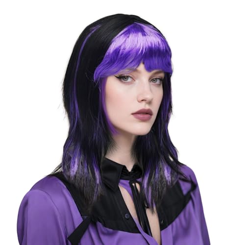 SAIIURV Hexen Perücke Damen Lange Glatte Doppel Schwarze Purple Perücke Hexen Kostüm Accessoire für Halloween Maskenball Karneval Party (Schwarz Purple) von SAIIURV