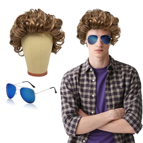 SAIIURV Perücken & Sonnenbrillen Set Herren Perücke Braun Perücke Kurze Herrenperücke Gelockte 70er 80er Disco Täglich Halloween Perücke Party Hippie Star Cosplay (braun) von SAIIURV