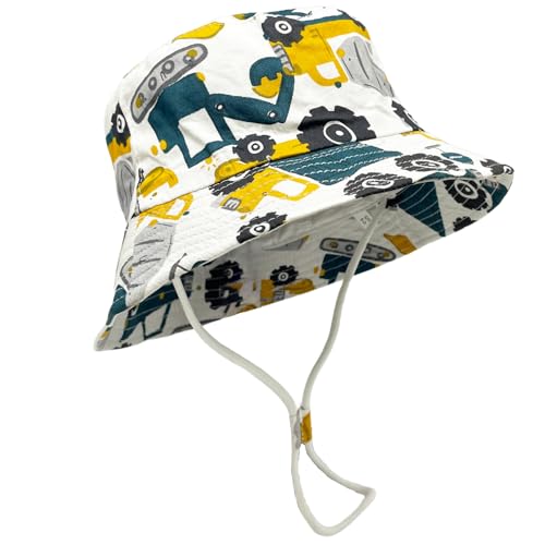 SAIIURV Sonnenhut Baby Kleinkind Kinder Sommerhut Jungen Mädchen Eimerhut Fischerhut Kind Baby Strandhut Süße Cartoon Bagger Sommermütze mit Kinnriemen für Outdoor Strand 2-4 Jahre (52CM) von SAIIURV