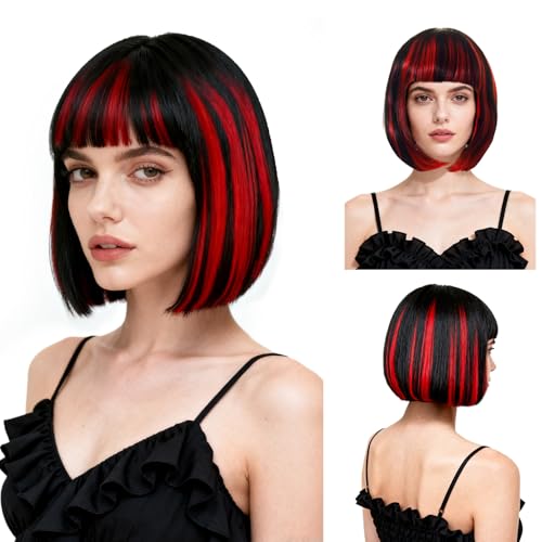 SAIIURV Vampirperücke Kurze Bob Perücke Damen Schwarze Rote Perücke Halloween Perücken Gothic Böse Vampir Kostüm Zubehör für Halloween Karneval Party Cosplay (Schwarz Rot) von SAIIURV