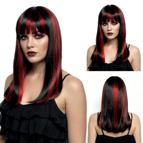 SAIIURV Vampirperücke Lang Perücke Damen Schwarze Rote Perücke Halloween Perücken Gothic Böse Vampir Kostüm Zubehör für Halloween Karneval Party Cosplay (Schwarz Rot) von SAIIURV