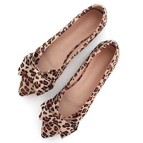 SAILING LU Ballerinas mit Schleifenknoten, für Damen, spitzer Zehenbereich, flache Schuhe, Wildleder, Anzugschuhe, zum Hineinschlüpfen, Mokassins, E-Leopard Yellow-8232, 38.5 EU von SAILING LU