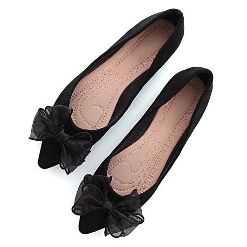 SAILING LU Ballerinas mit Schleife, spitzer Zehenbereich, flache Schuhe, Wildleder, Anzugschuhe, für die Arbeit, Slipper, Mokassins, C-Black-8164, 37.5 EU von SAILING LU
