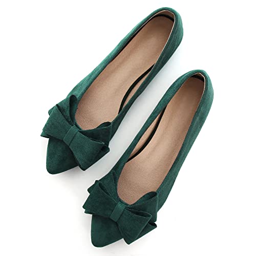 SAILING LU Bow-Knot Ballerinas Damen Spitzer Zehenbereich Flache Schuhe Wildleder Kleid Schuhe Tragen für die Arbeit Slip On Mokassins, E-Christmas Green-8232, 38.5 EU von SAILING LU