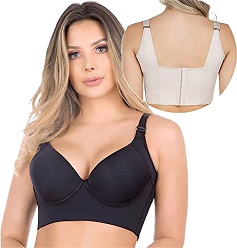 SAINR Tiefer Körbchen-BH verstecken Rückenfett mit Shapewear, volle Rückenabdeckung BHs Übergröße BH mit Shapewear Push Up BH für Frauen, Schwarz , 100 C/D/E von SAINR