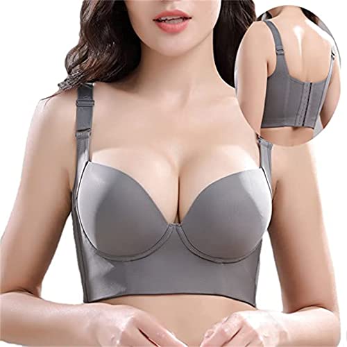 SAINR Tiefer Körbchen-BH verstecken Rückenfett mit Shapewear, volle Rückenabdeckung BHs Übergröße BH mit Shapewear Push Up BH für Frauen, grau, 100F-G von SAINR