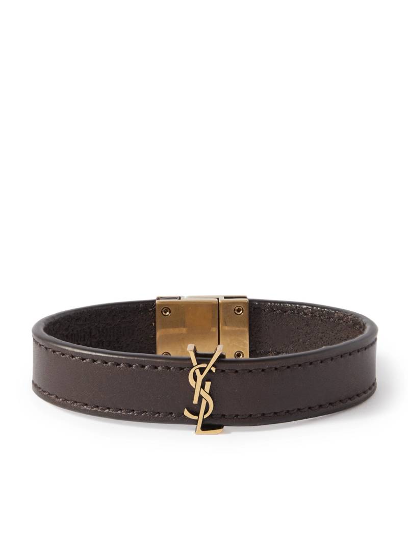SAINT LAURENT - Cassandre Logo-Embellished Leather and Gold-Tone Bracelet - Men - Brown - M von SAINT LAURENT
