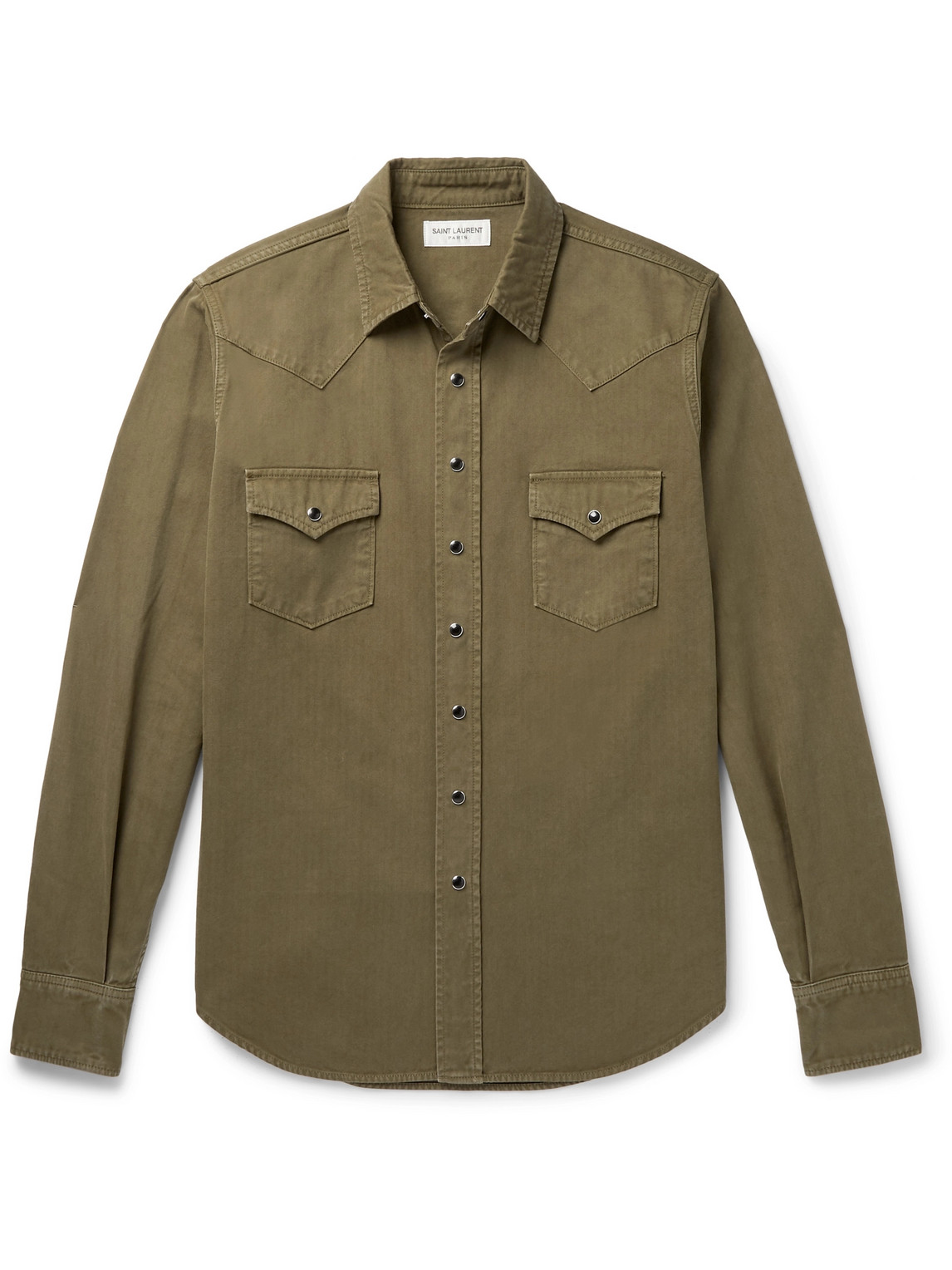 SAINT LAURENT - Herringbone Cotton Western Shirt - Men - Green - M von SAINT LAURENT