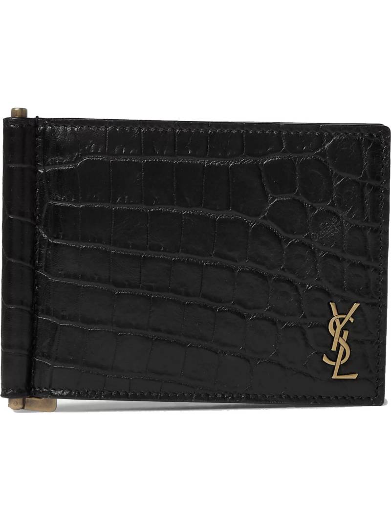 SAINT LAURENT - Logo-Appliquéd Croc-Effect Leather Billfold Wallet with Money Clip - Men - Black von SAINT LAURENT