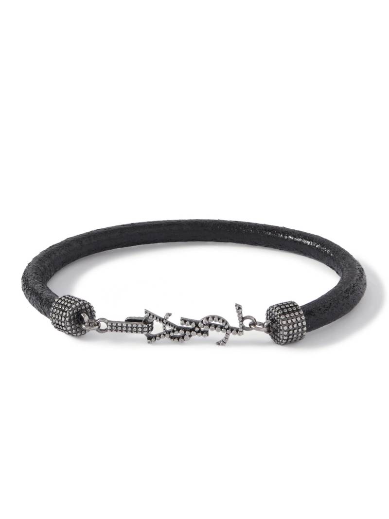 SAINT LAURENT - Logo-Embellished Textured-Leather and Silver-Tone Bracelet - Men - Black - M von SAINT LAURENT
