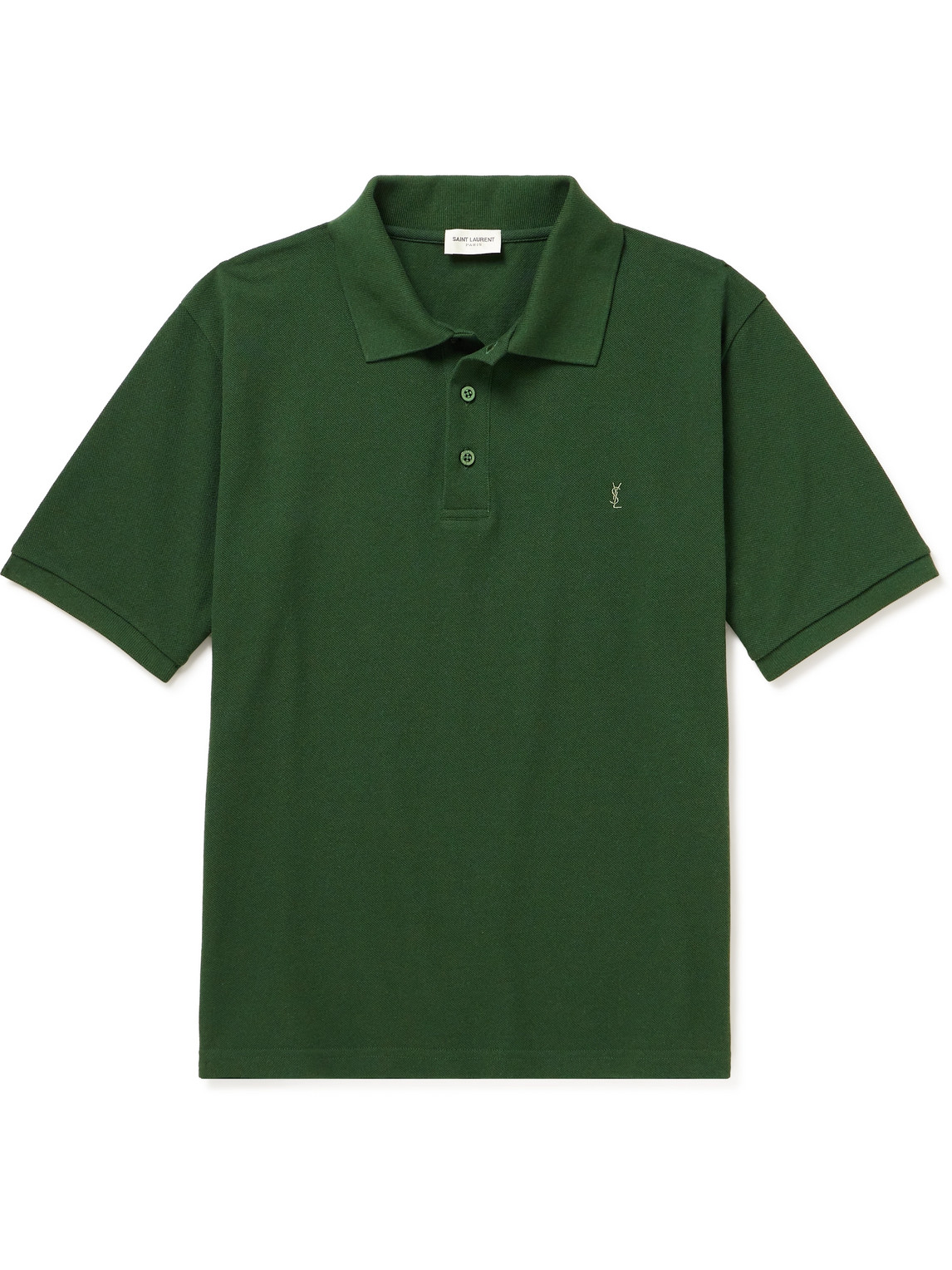SAINT LAURENT - Logo-Embroidered Cotton-Blend Piqué Polo Shirt - Men - Green - L von SAINT LAURENT