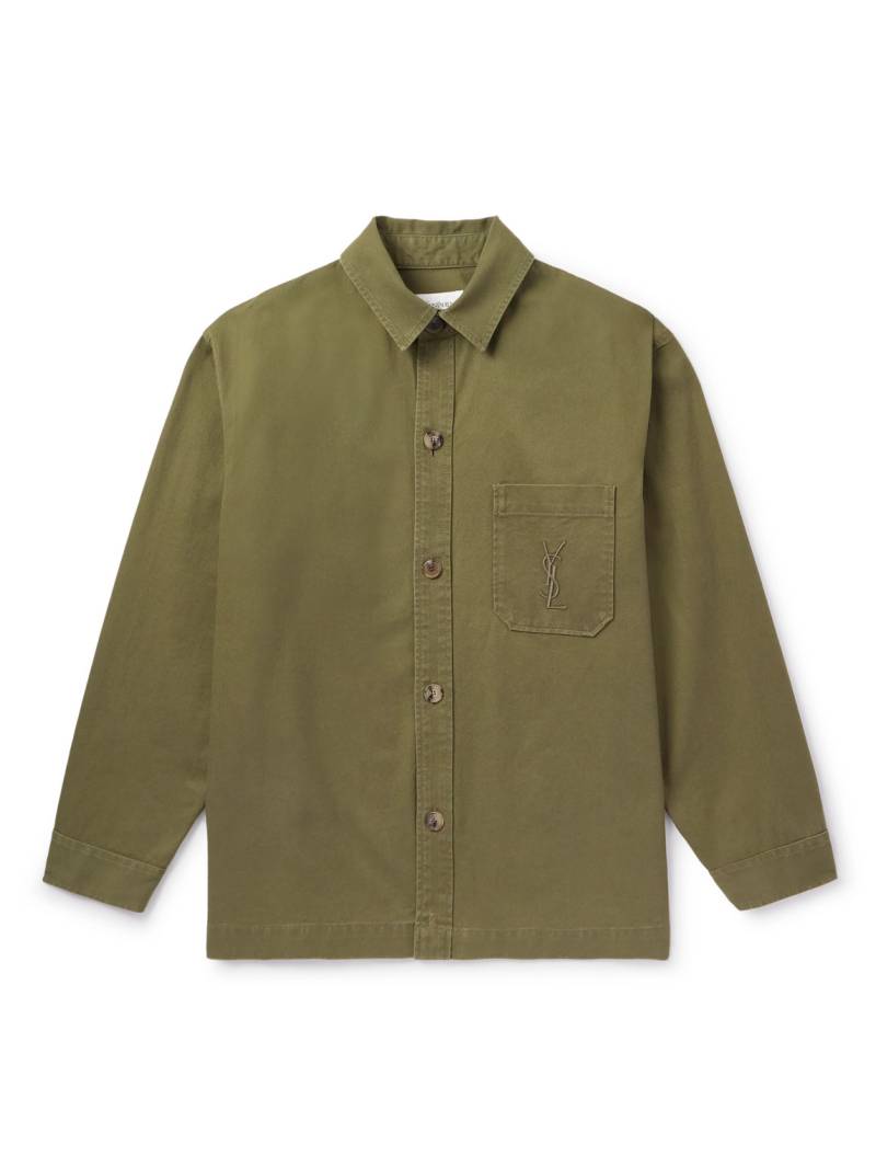 SAINT LAURENT - Logo-Embroidered Cotton and Linen-Blend Gabardine Overshirt - Men - Green - XL von SAINT LAURENT