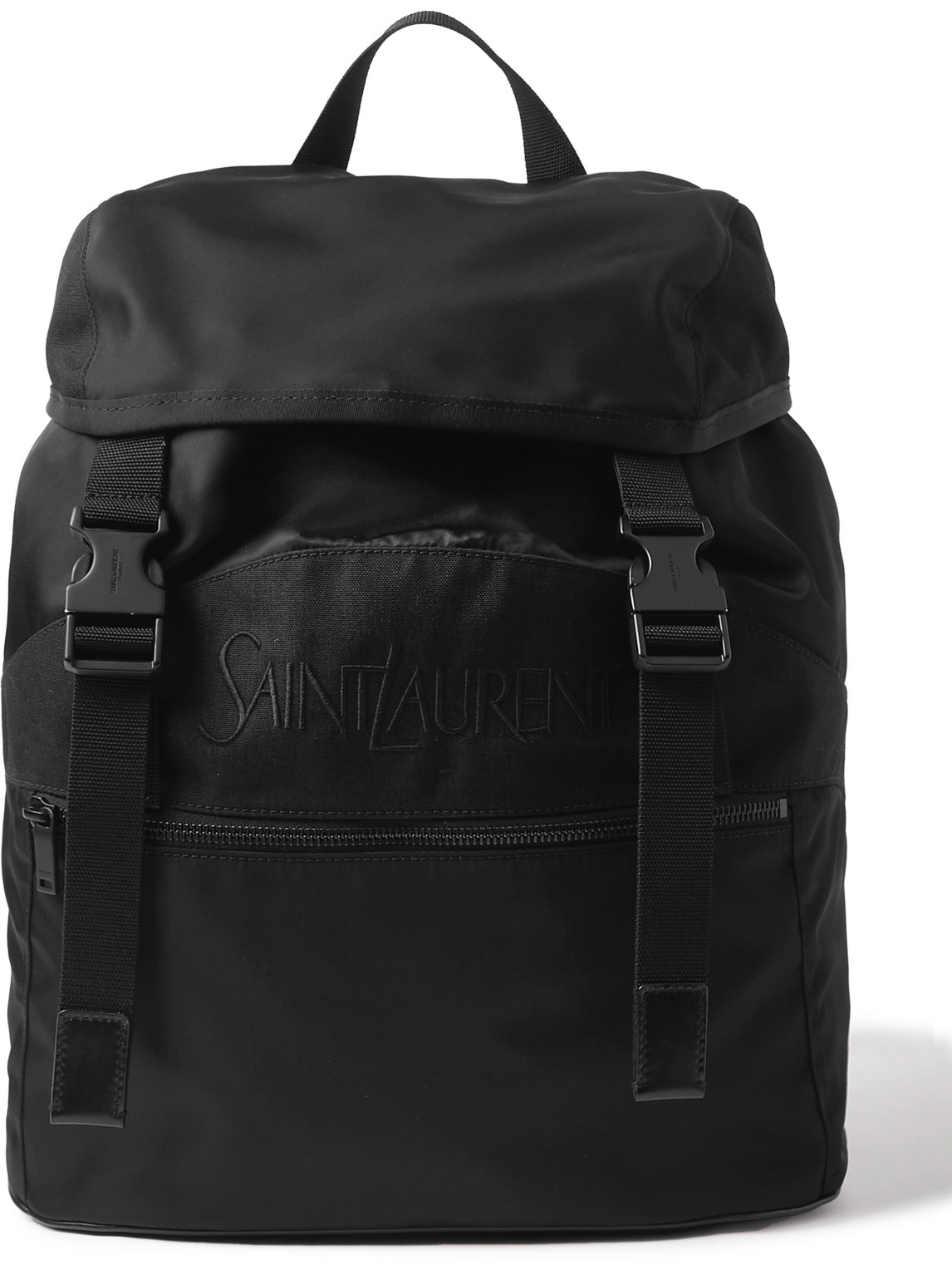 SAINT LAURENT - Logo-Embroidered Leather-Trimmed Shell Backpack - Men - Black von SAINT LAURENT