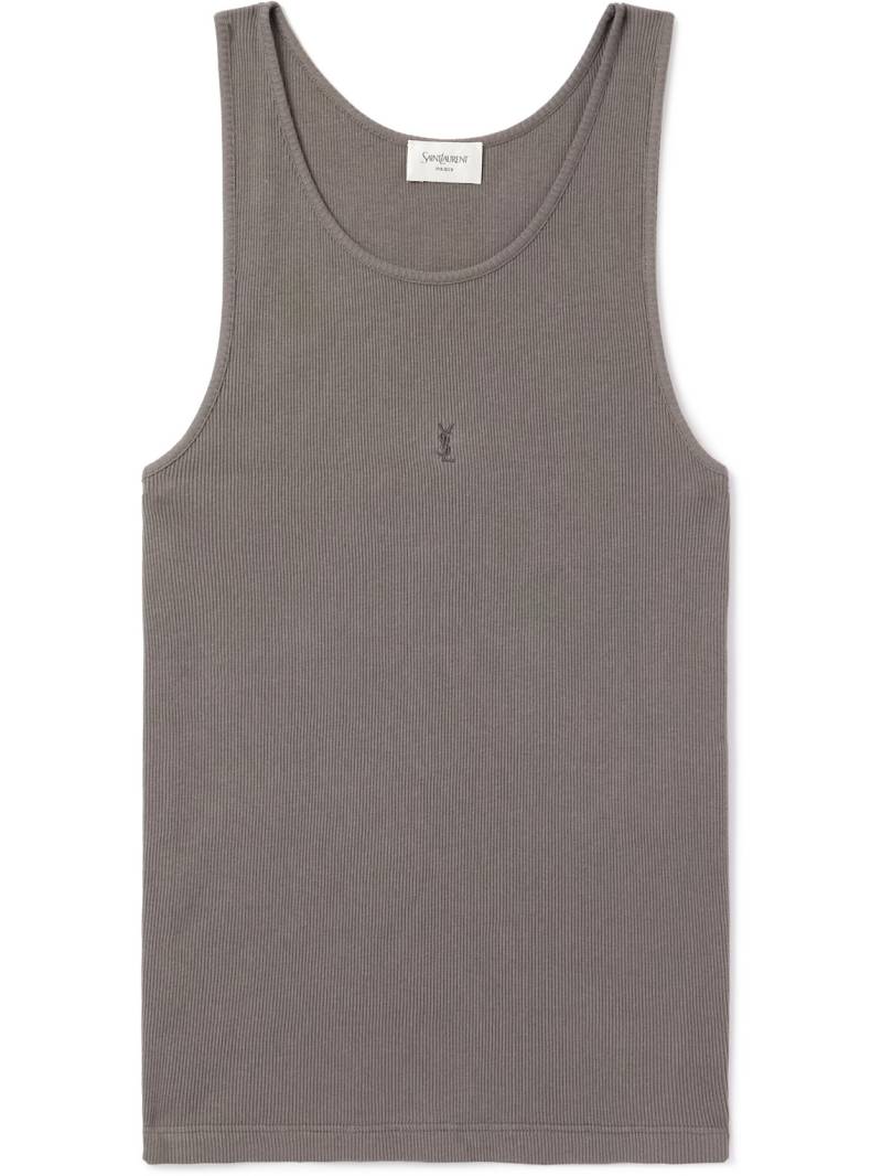 SAINT LAURENT - Logo-Embroidered Ribbed Cotton Tank Top - Men - Gray - M von SAINT LAURENT