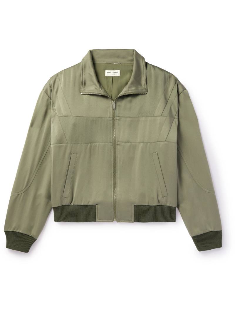 SAINT LAURENT - Logo-Embroidered Wool-Trimmed Satin Bomber Jacket - Men - Green - IT 48 von SAINT LAURENT