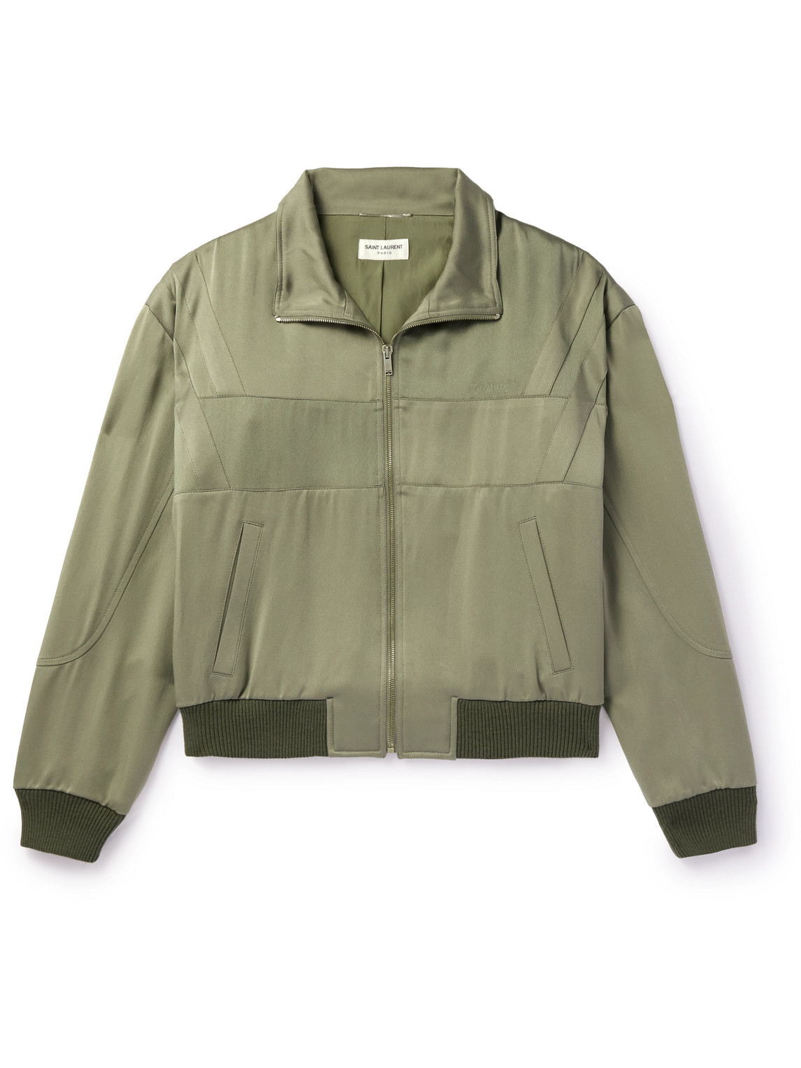 SAINT LAURENT - Logo-Embroidered Wool-Trimmed Satin Bomber Jacket - Men - Green - IT 54 SAINT LAURENT - Logo-Embroidered Wool-Trimmed Satin Bomber Jacket - Men - Green - IT 54 von SAINT LAURENT