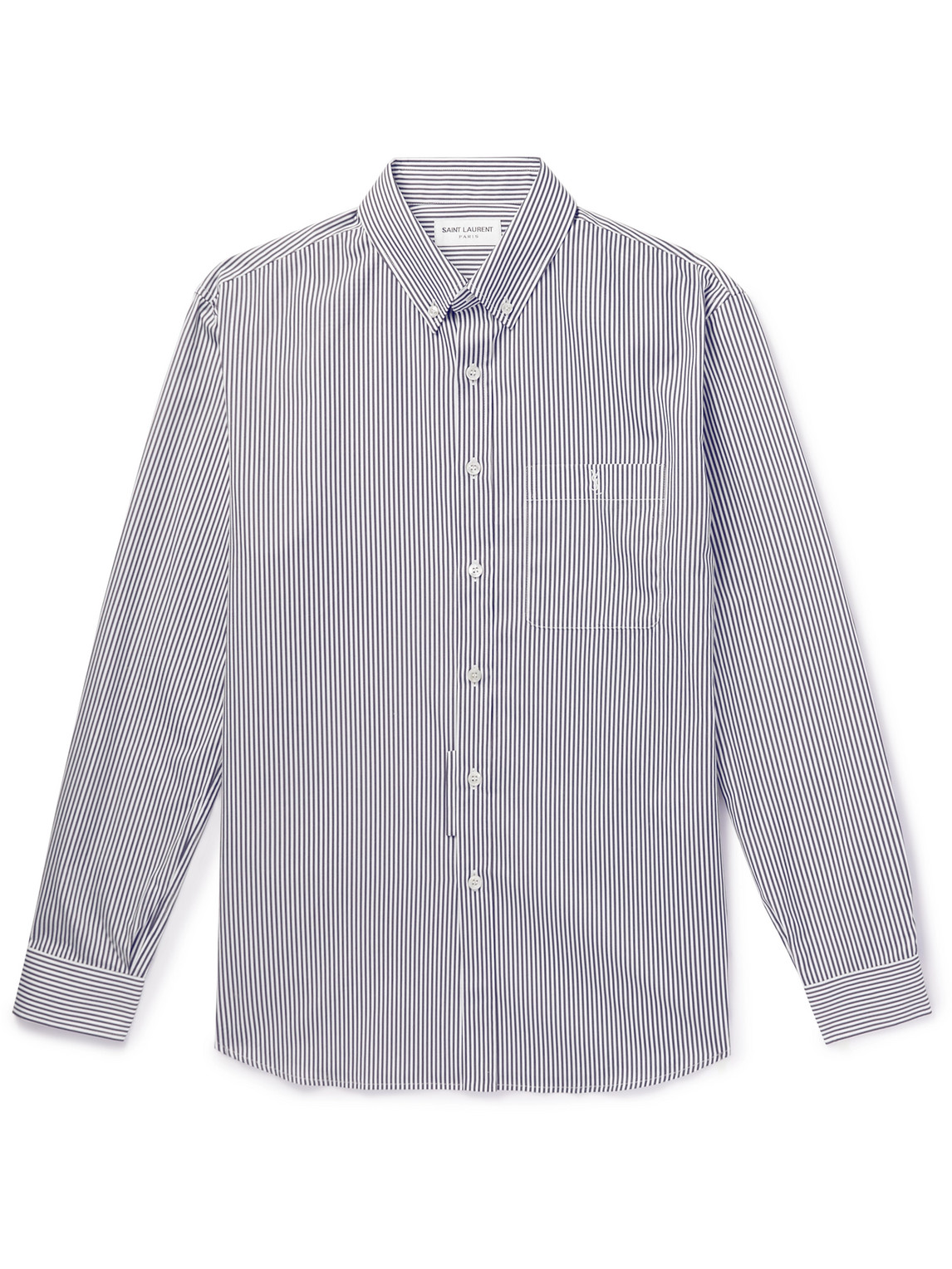 SAINT LAURENT - Monogram Button-Down Collar Striped Cotton-Poplin Shirt - Men - Blue - EU 40 von SAINT LAURENT
