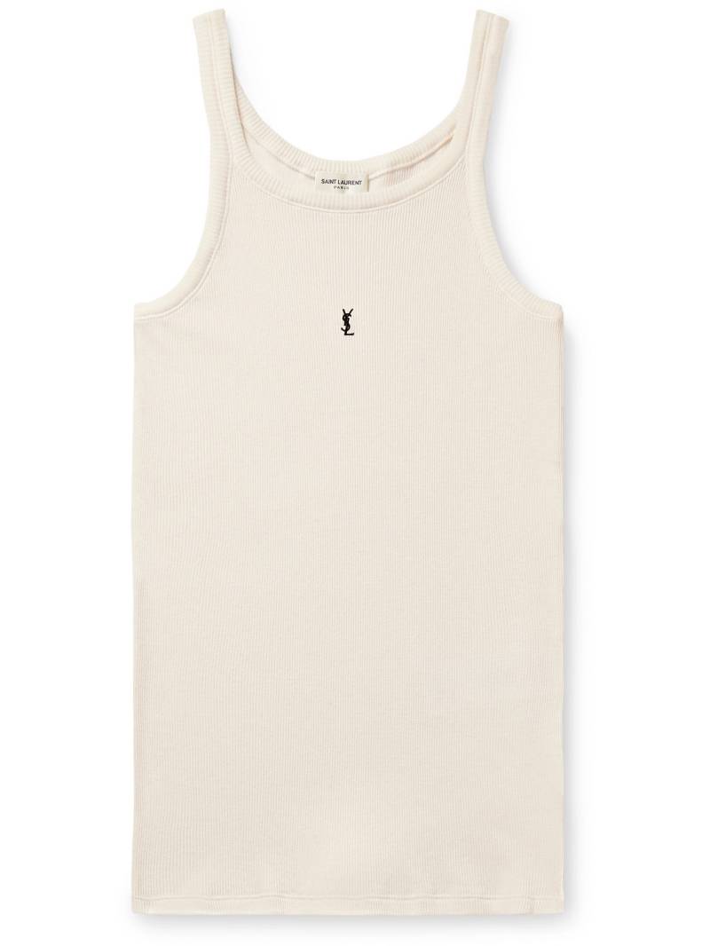 SAINT LAURENT - Slim-Fit Logo-Embroidered Ribbed Cotton-Jersey Tank Top - Men - Neutrals - XL von SAINT LAURENT