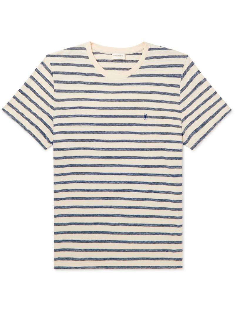 SAINT LAURENT - Slim-Fit Logo-Embroidered Striped Cotton-Jersey T-Shirt - Men - Neutrals - S von SAINT LAURENT