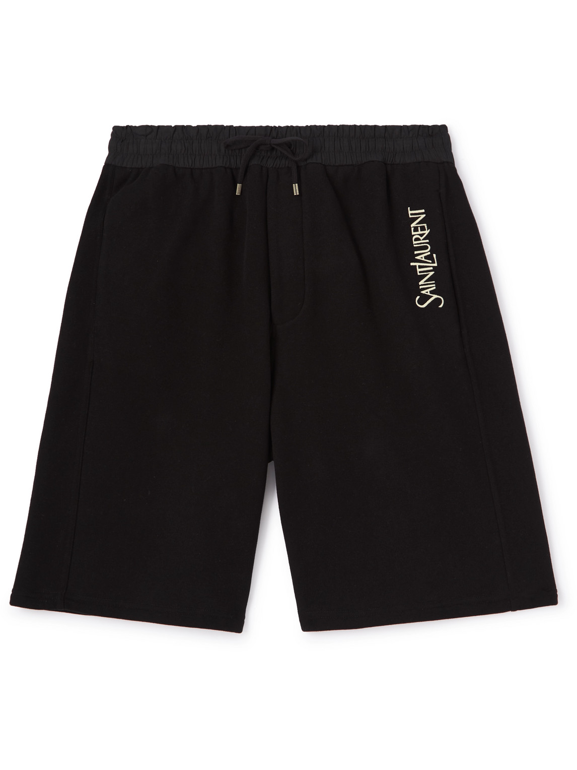 SAINT LAURENT - Straight-Leg Logo-Embroidered Cotton-Jersey Drawstring Shorts - Men - Black - M von SAINT LAURENT