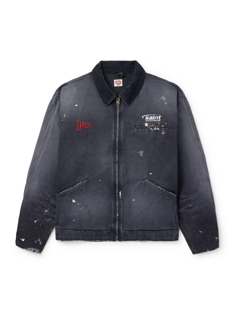 SAINT MXXXXXX - Corduroy-Trimmed Logo-Embroidered Distressed Cotton-Canvas Jacket - Men - Black - XL von SAINT MXXXXXX