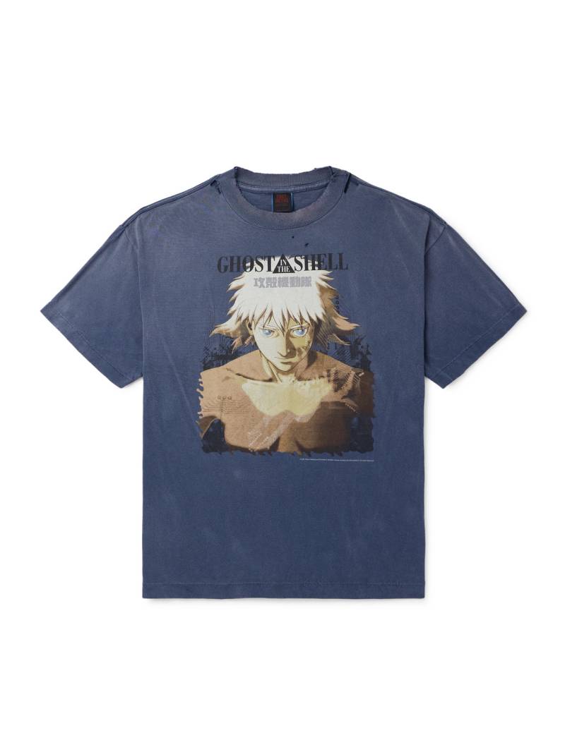 SAINT MXXXXXX - Ghost in the Shell Distressed Printed Cotton-Jersey T-Shirt - Men - Blue - S von SAINT MXXXXXX