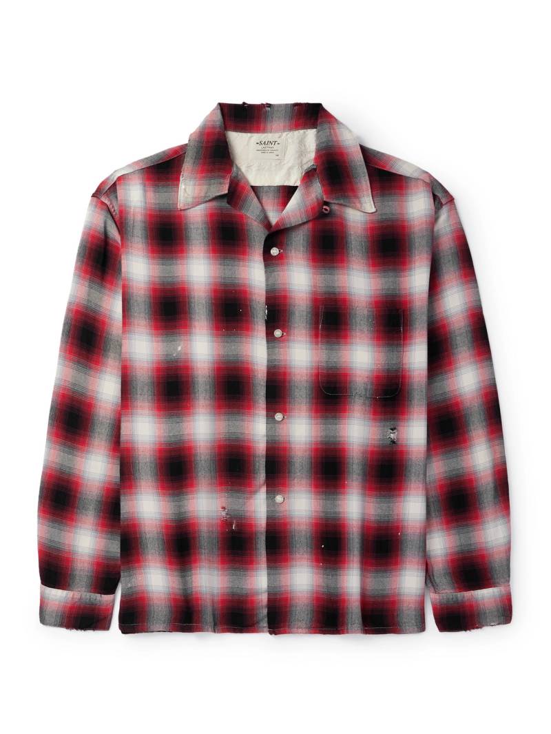 SAINT MXXXXXX - LASTMAN Convertible-Collar Distressed Paint-Splattered Checked Oxford Shirt - Men - Red - S von SAINT MXXXXXX