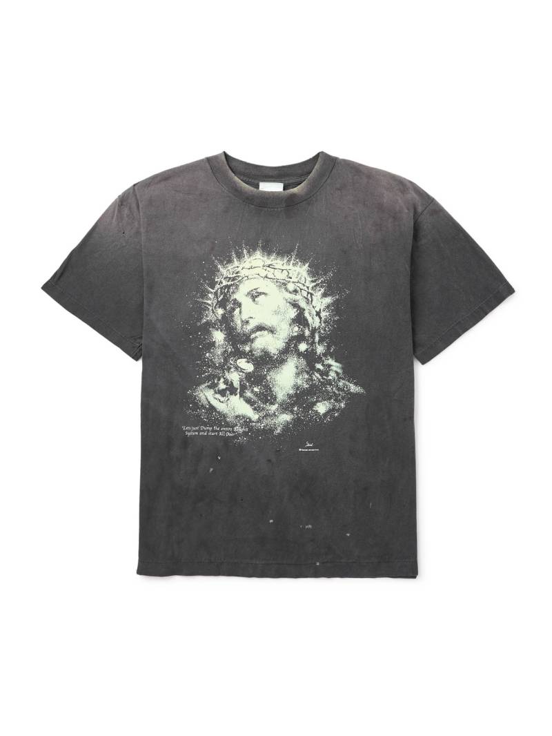 SAINT MXXXXXX - Printed Distressed Cotton-Jersey T-Shirt - Men - Gray - XXL von SAINT MXXXXXX