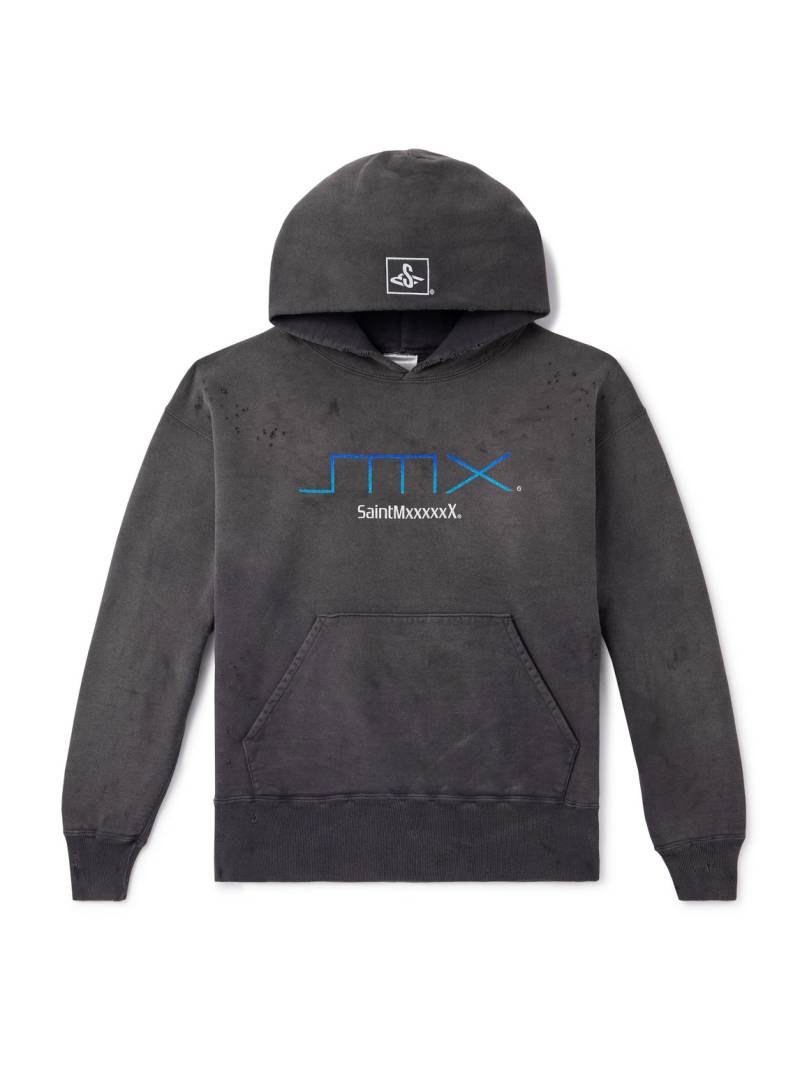 SAINT MXXXXXX - SMX6 Distressed Logo-Print Cotton-Jersey Hoodie - Men - Black - XXL von SAINT MXXXXXX