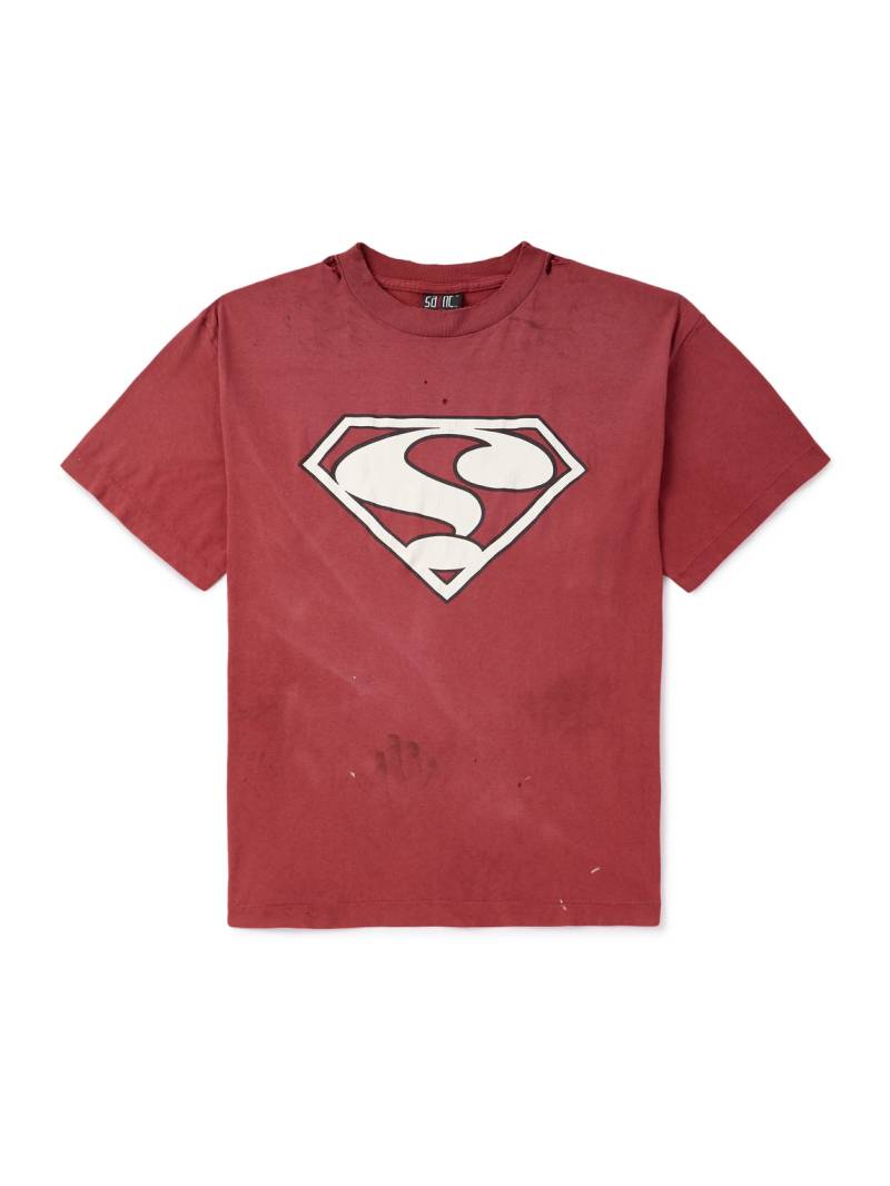 SAINT MXXXXXX - Saint Superman Distressed Paint-Splattered Printed Cotton-Jersey T-Shirt - Men - Burgundy - XXL von SAINT MXXXXXX