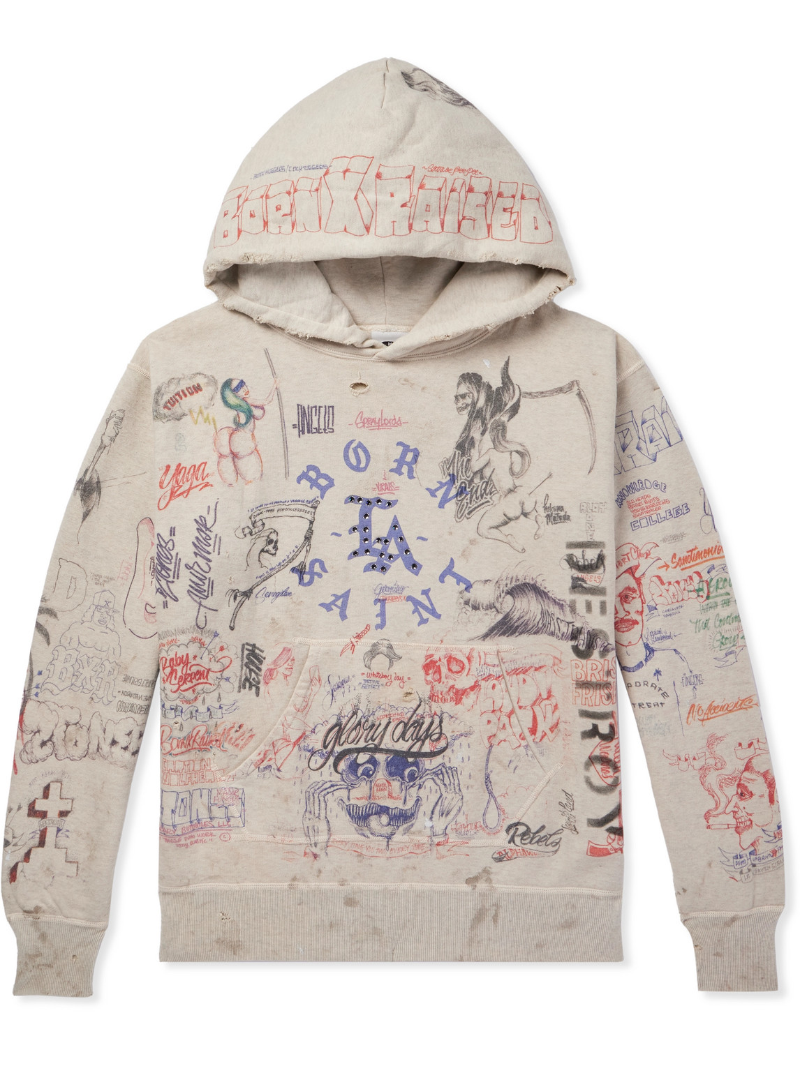 SAINT Mxxxxxx - Born X Raised Distressed Crystal-Embellished Printed Cotton-Jersey Hoodie - Men - Neutrals - M von SAINT Mxxxxxx