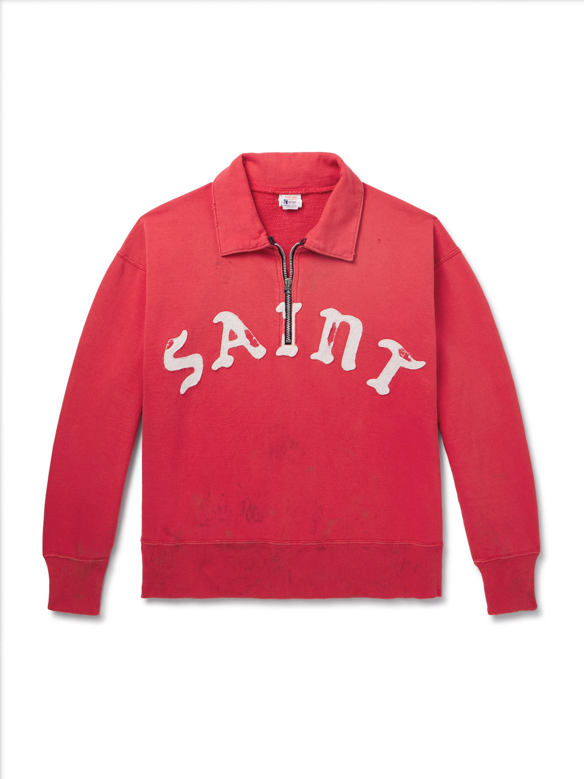 SAINT Mxxxxxx - Distressed Logo-Appliquéd Cotton-Jersey Half-Zip Sweatshirt - Men - Red - L von SAINT Mxxxxxx