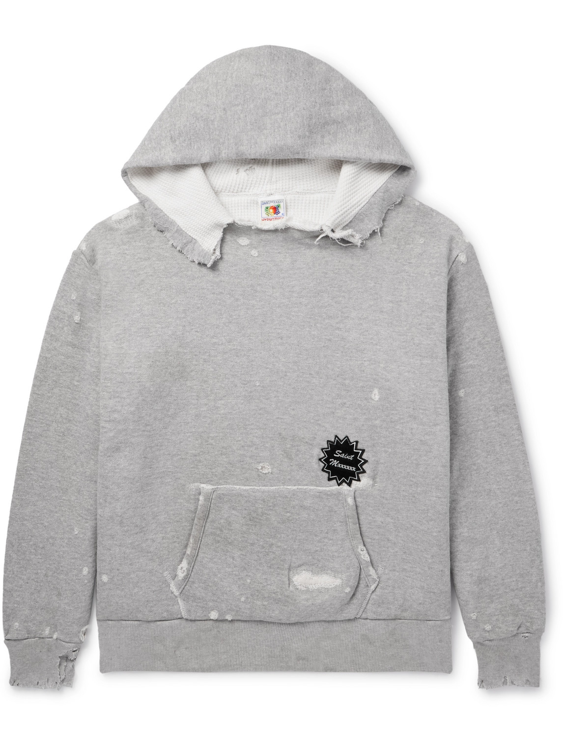 SAINT Mxxxxxx - Logo-Appliquèd Distressed Cotton-Jersey Hoodie - Men - Gray - L von SAINT Mxxxxxx