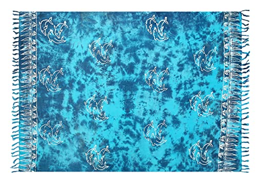 Pareo Sarong Strandtuch Damen - Wickelrock Strand - Handtuch blickdicht als Wickeltuch oder Handtuchkleid und Wickelkleid damen - Handarbeit aus Fair Trade Herstellung Batik Delfin Türkis Batik von SAIVONA